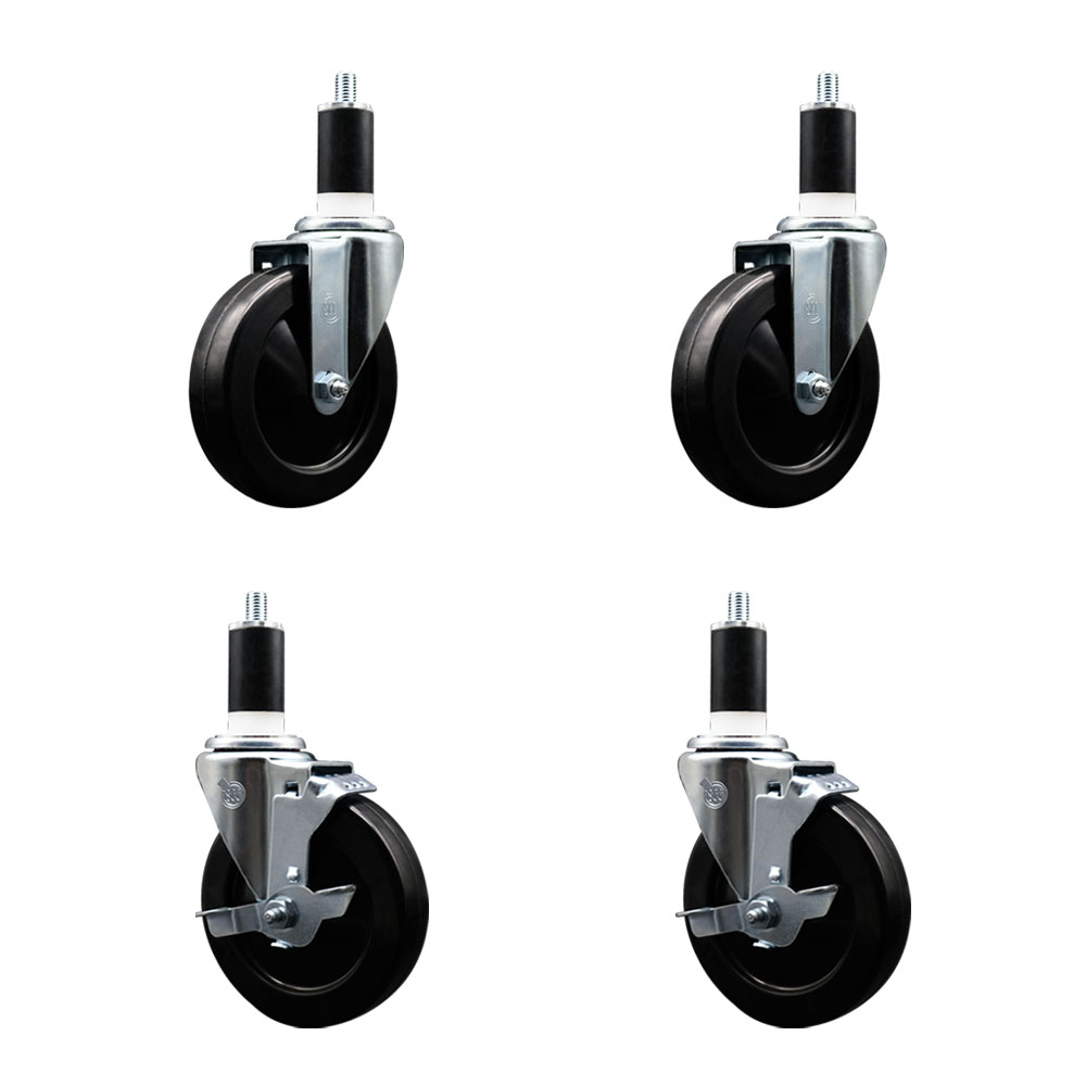 Stainless Steel Soft Rubber Swivel Expanding Stem Caster Set of 4 with 5 Inch Black Wheels and 1-3/8" Stems - Includes 2 with Top Locking Brakes - 1100 lbs Total Capacity - Service Caster Brand — photo 1