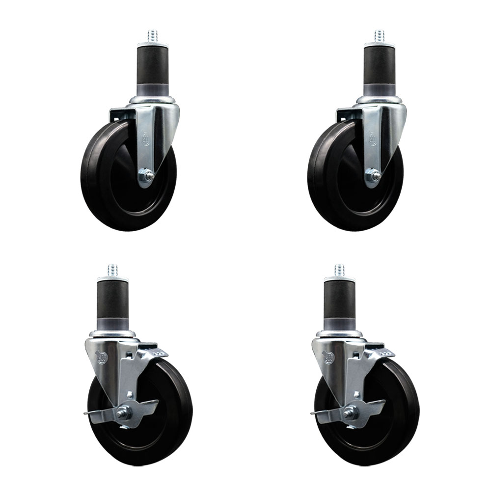 Stainless Steel Soft Rubber Swivel Expanding Stem Caster Set of 4 with 5 Inch Black Wheels and 1-5/8" Stems - Includes 2 with Top Locking Brakes - 1100 lbs Total Capacity - Service Caster Brand — photo 1