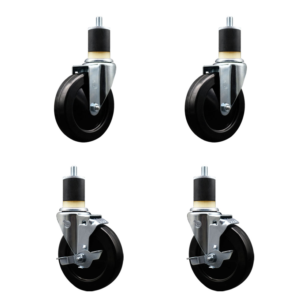 Soft Rubber Swivel Expanding Stem Caster Set of 4 with 5 Inch Black Wheels and 1-7/8" Stems - Includes 2 with Top Locking Brakes - 1100 lbs Total Capacity - Service Caster Brand — photo 1