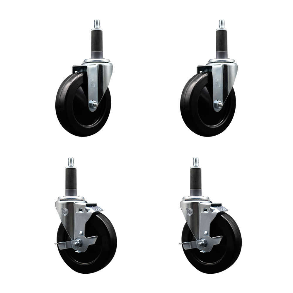 Stainless Steel Soft Rubber Swivel Expanding Stem Caster Set of 4 with 5 Inch Black Wheels and 1" Stems - Includes 2 with Top Locking Brakes - 1100 lbs Total Capacity - Service Caster Brand — photo 1