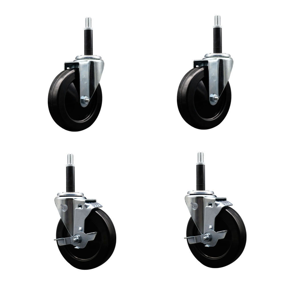 Stainless Steel Soft Rubber Swivel Expanding Stem Caster Set of 4 with 5 Inch Black Wheels and 3/4" Stems - Includes 2 with Top Locking Brakes - 1100 lbs Total Capacity - Service Caster Brand — photo 1