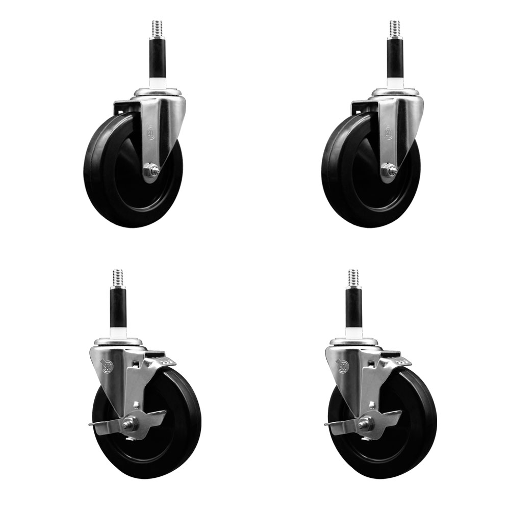 Soft Rubber Swivel Expanding Stem Caster Set of 4 with 5 Inch Black Wheels and 7/8" Stems - Includes 2 with Top Locking Brakes - 1100 lbs Total Capacity - Service Caster Brand — photo 1