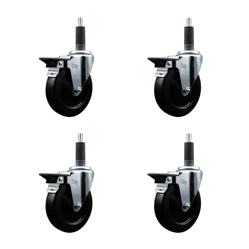 Soft Rubber Swivel Expanding Stem Caster Set of 4 with 5 Inch Black Wheels and 1" Stems - Includes 4 Swivel with Posi Locking Brakes - 275 lbs. Capacity Per Caster - Service Caster Brand — photo 1