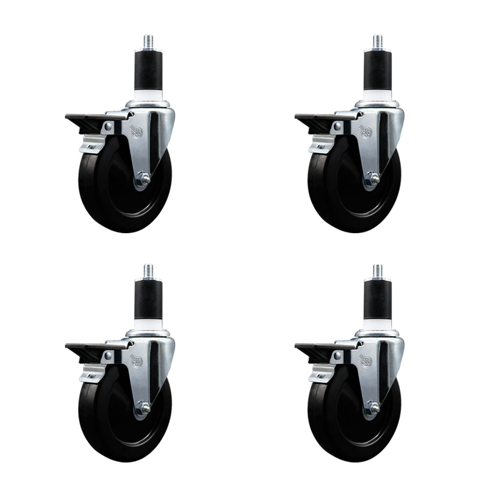 Soft Rubber Swivel Expanding Stem Caster Set of 4 with 5 Inch Black Wheels and 1-1/2" Stems - Includes 4 Swivel with Posi Locking Brakes - 275 lbs. Capacity Per Caster - Service Caster Brand — photo 1