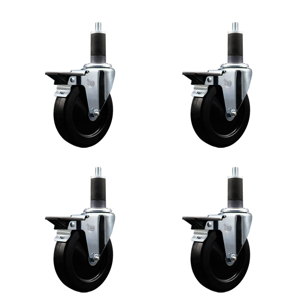 Hard Rubber Swivel Expanding Stem Caster Set of 4 w/5" x 1.25" Black Wheels and 1-1/4" Stems - Includes 4 with Posi Lock Brakes - 1200 lbs Total Capacity - Service Caster Brand — photo 1