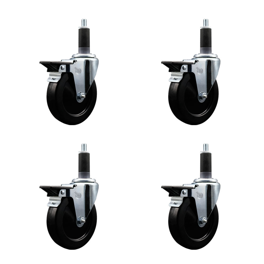 Hard Rubber Swivel Expanding Stem Caster Set of 4 w/5" x 1.25" Black Wheels and 1-1/8" Stems - Includes 4 with Posi Lock Brakes - 1200 lbs Total Capacity - Service Caster Brand — photo 1