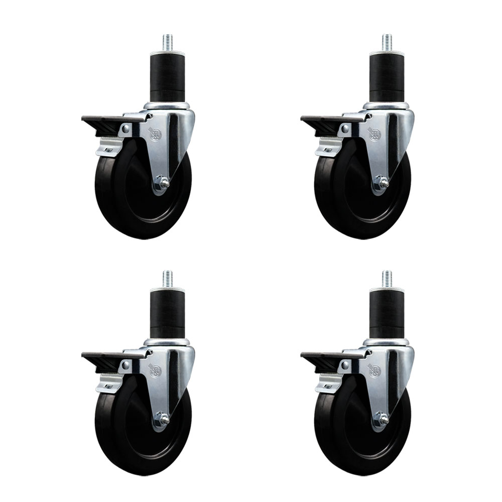 Soft Rubber Swivel Expanding Stem Caster Set of 4 with 5 Inch Black Wheels and 1-3/4" Stems - Includes 4 Swivel with Posi Locking Brakes - 275 lbs. Capacity Per Caster - Service Caster Brand — photo 1