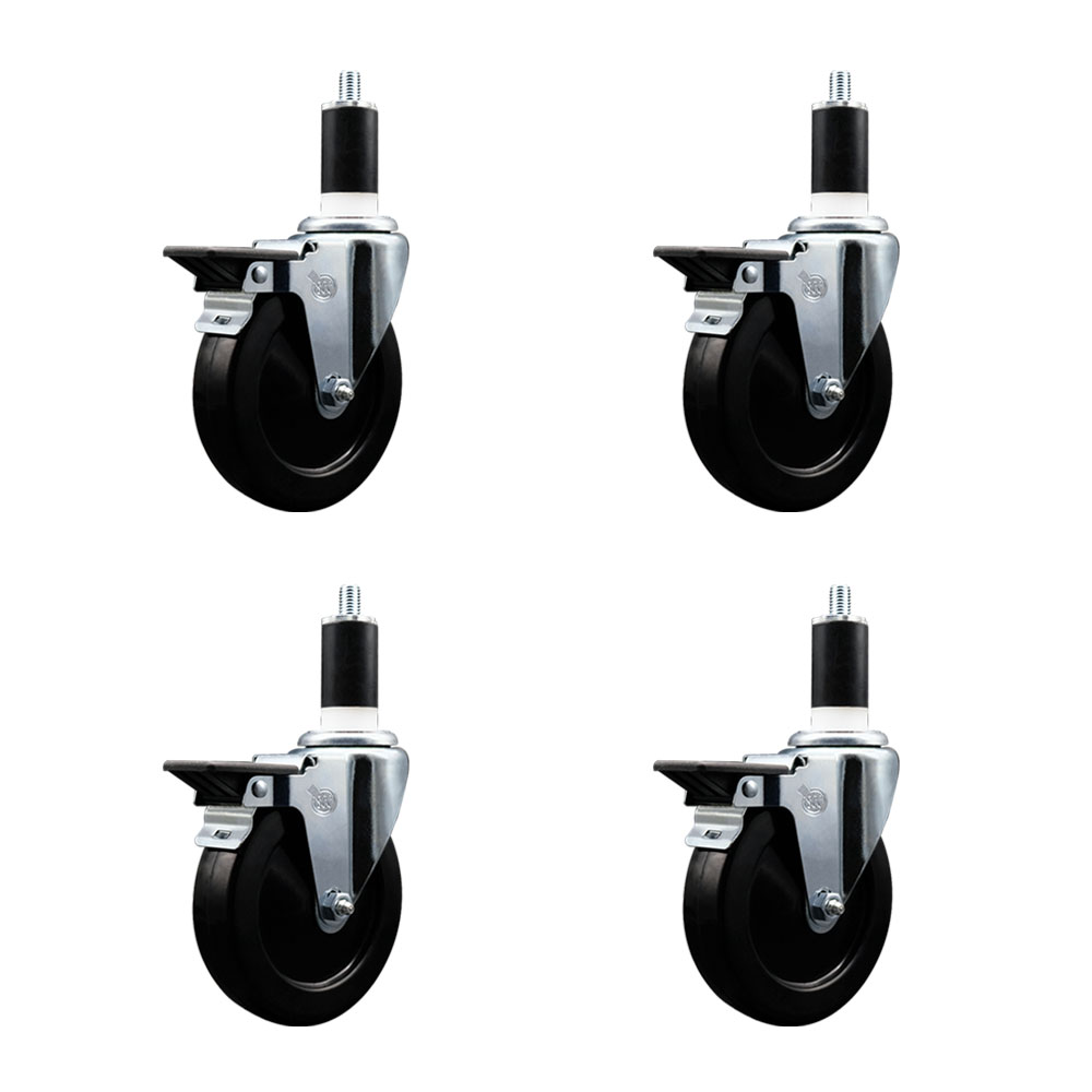 Hard Rubber Swivel Expanding Stem Caster Set of 4 w/5" x 1.25" Black Wheels and 1-3/8" Stems - Includes 4 with Posi Lock Brakes - 1200 lbs Total Capacity - Service Caster Brand — photo 1