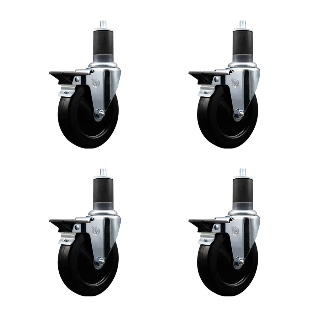 Soft Rubber Swivel Expanding Stem Caster Set of 4 with 5 Inch Black Wheels and 1-5/8" Stems - Includes 4 Swivel with Posi Locking Brakes - 275 lbs. Capacity Per Caster - Service Caster Brand — photo 1