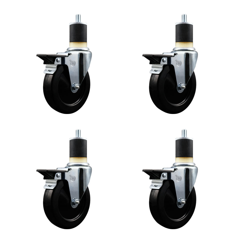 Soft Rubber Swivel Expanding Stem Caster Set of 4 with 5 Inch Black Wheels and 1-7/8" Stems - Includes 4 Swivel with Posi Locking Brakes - 275 lbs. Capacity Per Caster - Service Caster Brand — photo 1