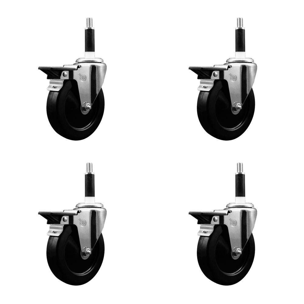 Hard Rubber Swivel Expanding Stem Caster Set of 4 w/5" x 1.25" Black Wheels and 7/8" Stems - Includes 4 with Posi Lock Brakes - 1200 lbs Total Capacity - Service Caster Brand — photo 1