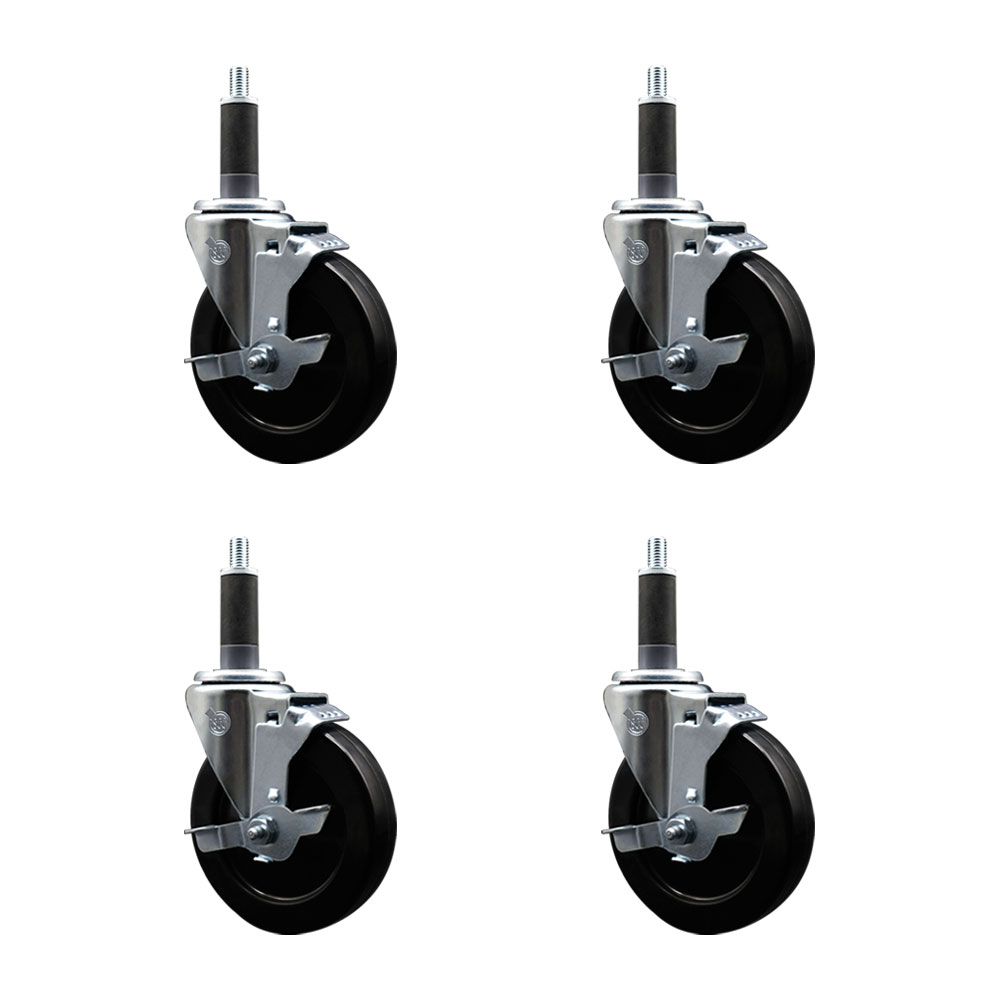 Stainless Steel Soft Rubber Swivel Expanding Stem Caster Set of 4 with 5 Inch Black Wheels and 1" Stems - 4 Swivel with Top Locking Brakes - 275 lbs. Capacity Per Caster - Service Caster Brand — photo 1