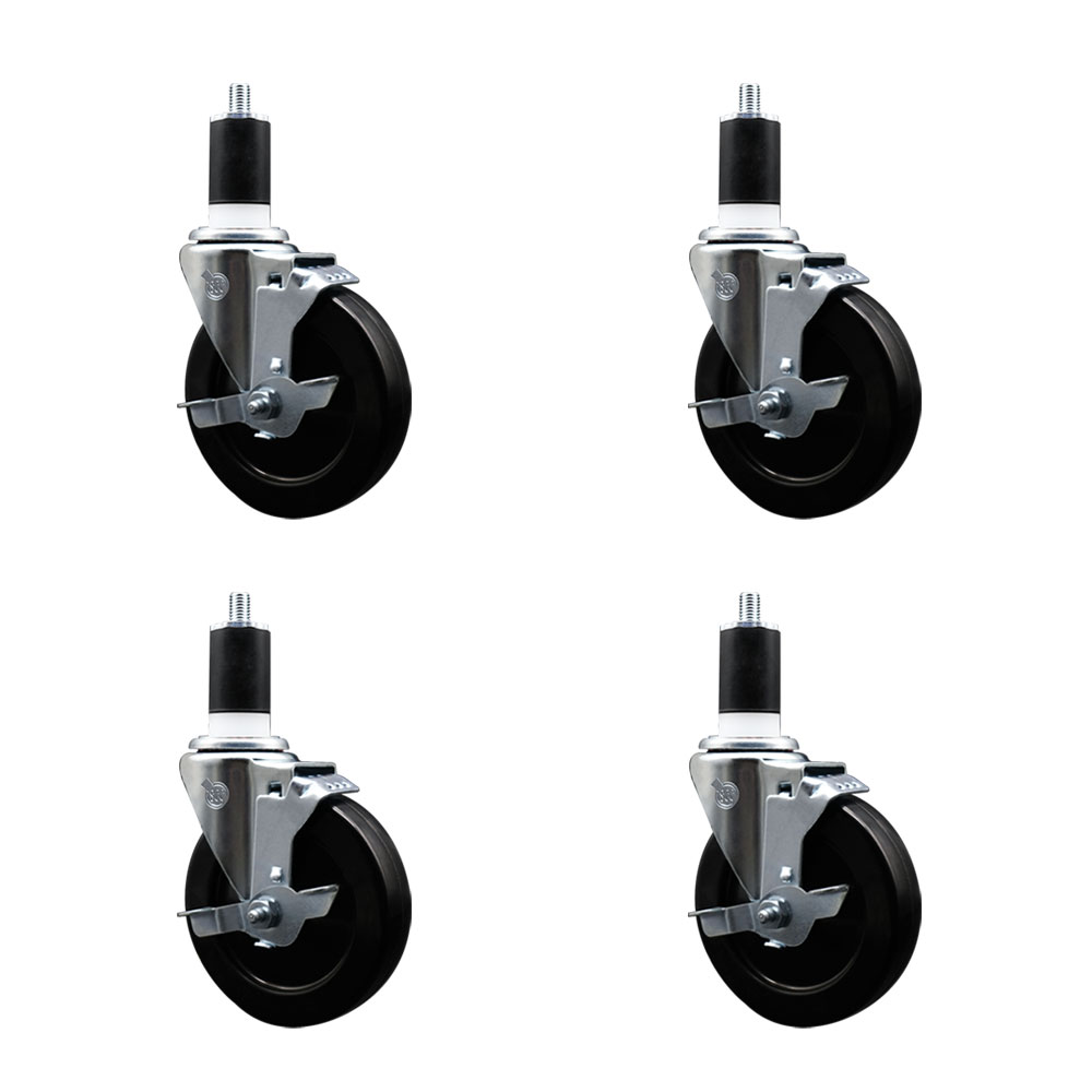 Stainless Steel Soft Rubber Swivel Expanding Stem Caster Set of 4 with 5 Inch Black Wheels and 1-1/2" Stems - 4 Swivel with Top Locking Brakes - 275 lbs. Capacity Per Caster - Service Caster Brand — photo 1
