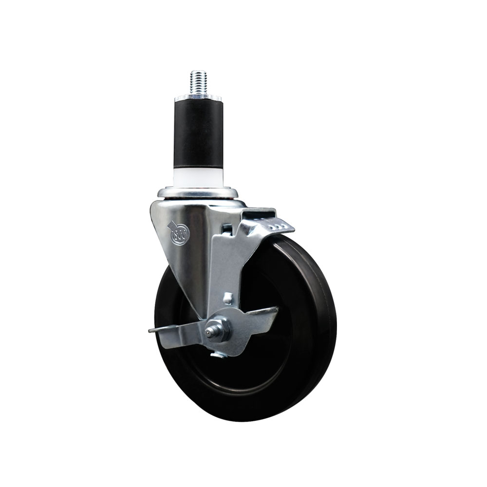 Stainless Steel Soft Rubber Expanding Stem Swivel Caster with 5 Inch Black Wheel and 1-1/2" Stem & Top Locking Brake - 275 lbs. Capacity Per Caster - Service Caster Brand — photo 1
