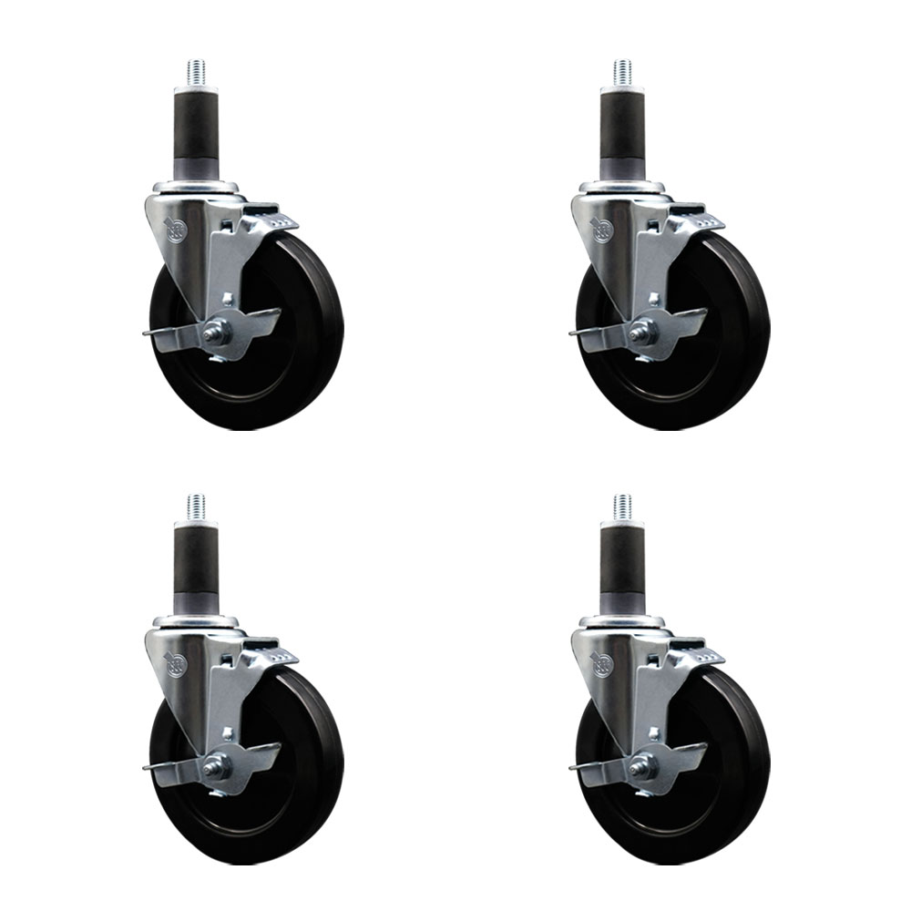Stainless Steel Hard Rubber Swivel Expanding Stem Caster Set of 4 w/5" x 1.25" Black Wheels and 1-1/4" Stems - Includes 4 with Top Lock Brakes - 1200 lbs Total Capacity - Service Caster Brand — photo 1
