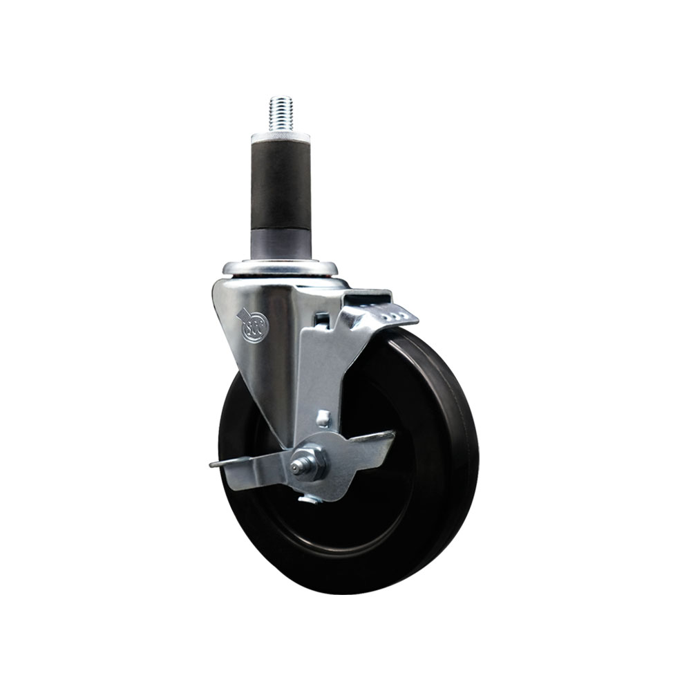 Stainless Steel Soft Rubber Expanding Stem Swivel Caster with 5 Inch Black Wheel and 1-1/4" Stem & Top Locking Brake - 275 lbs. Capacity Per Caster - Service Caster Brand — photo 1