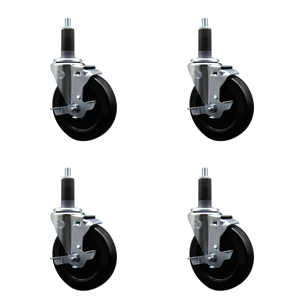 Hard Rubber Swivel Expanding Stem Caster Set of 4 w/5" x 1.25" Black Wheels and 1-1/8" Stems - Includes 4 with Top Lock Brakes - 1200 lbs Total Capacity - Service Caster Brand — photo 1