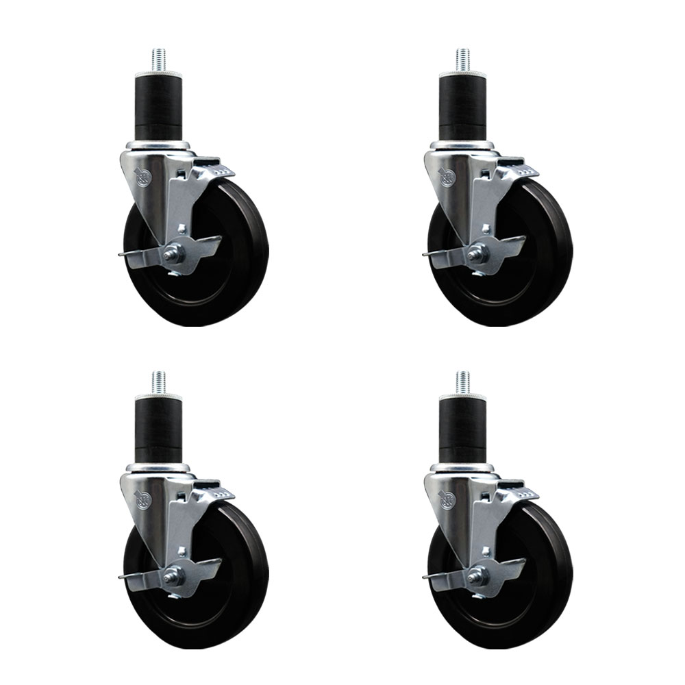 Soft Rubber Swivel Expanding Stem Caster Set of 4 with 5 Inch Black Wheels and 1-3/4" Stems - Includes 4 Swivel with Top Locking Brakes - 275 lbs. Capacity Per Caster - Service Caster Brand — photo 1