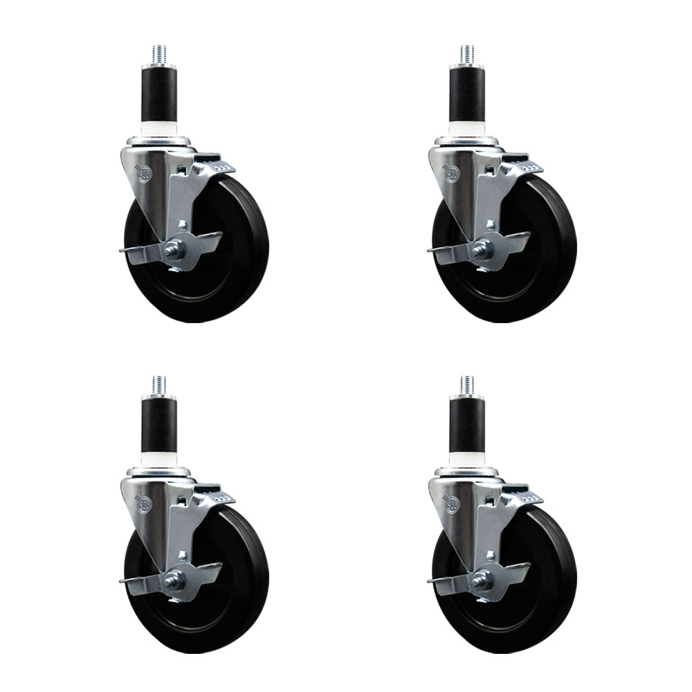 Stainless Steel Soft Rubber Swivel Expanding Stem Caster Set of 4 with 5 Inch Black Wheels and 1-3/8" Stems - 4 Swivel with Top Locking Brakes - 275 lbs. Capacity Per Caster - Service Caster Brand — photo 1