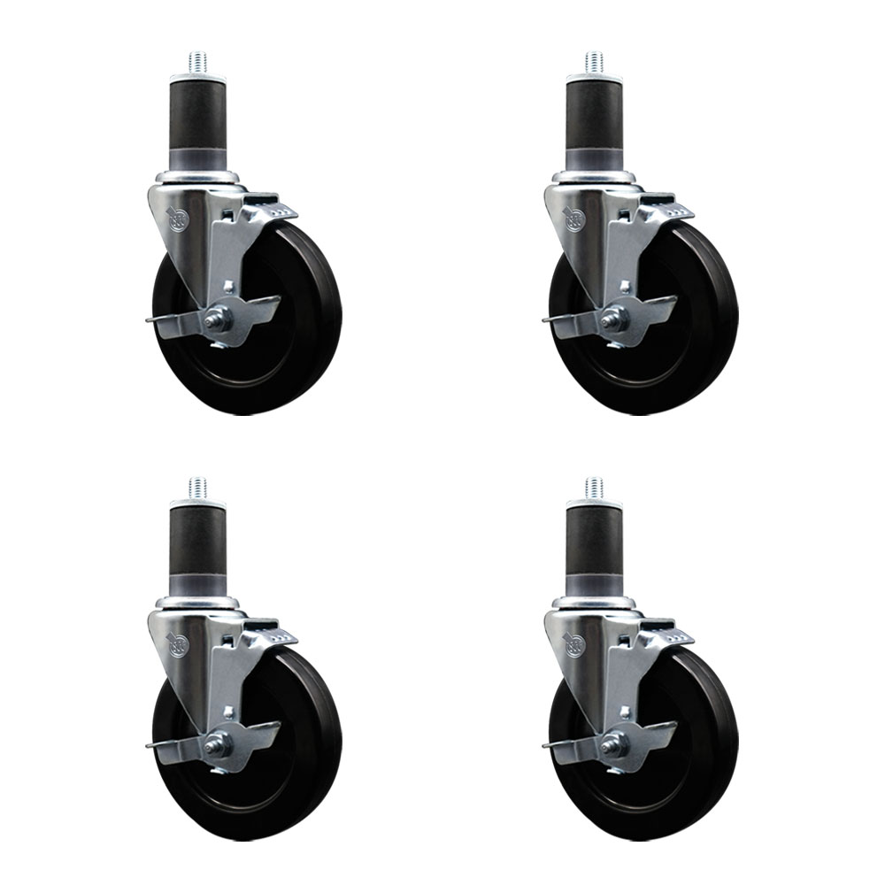Stainless Steel Soft Rubber Swivel Expanding Stem Caster Set of 4 with 5 Inch Black Wheels and 1-5/8" Stems - 4 Swivel with Top Locking Brakes - 275 lbs. Capacity Per Caster - Service Caster Brand — photo 1