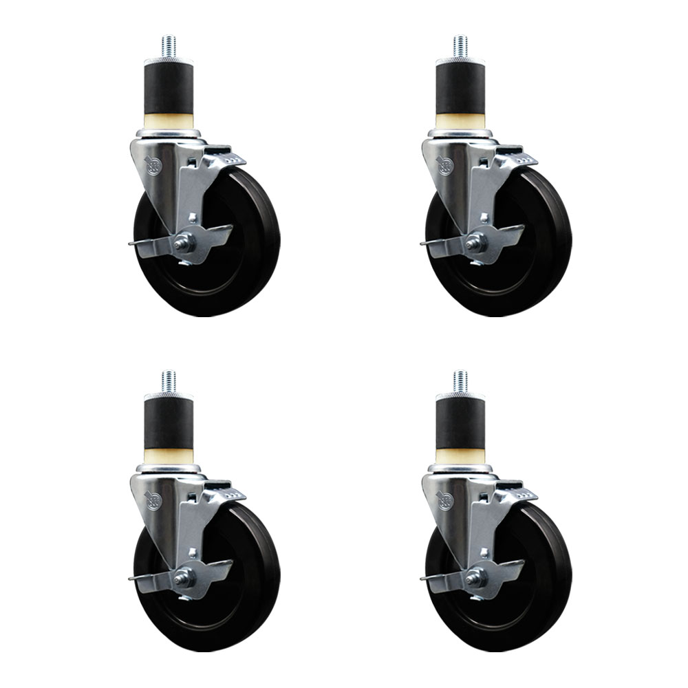 Stainless Steel Soft Rubber Swivel Expanding Stem Caster Set of 4 with 5 Inch Black Wheels and 1-7/8" Stems - 4 Swivel with Top Locking Brakes - 275 lbs. Capacity Per Caster - Service Caster Brand — photo 1