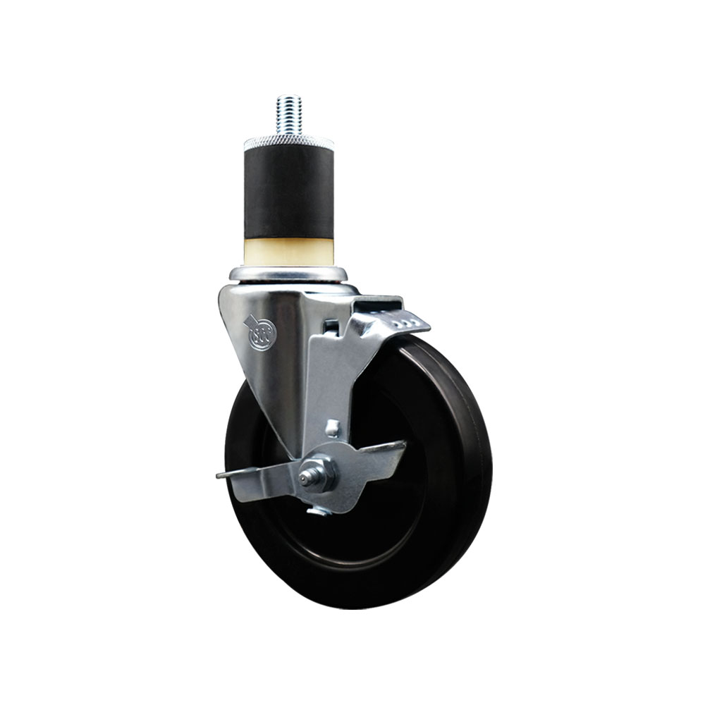 Stainless Steel Soft Rubber Expanding Stem Swivel Caster with 5 Inch Black Wheel and 1-7/8" Stem & Top Locking Brake - 275 lbs. Capacity Per Caster - Service Caster Brand — photo 1