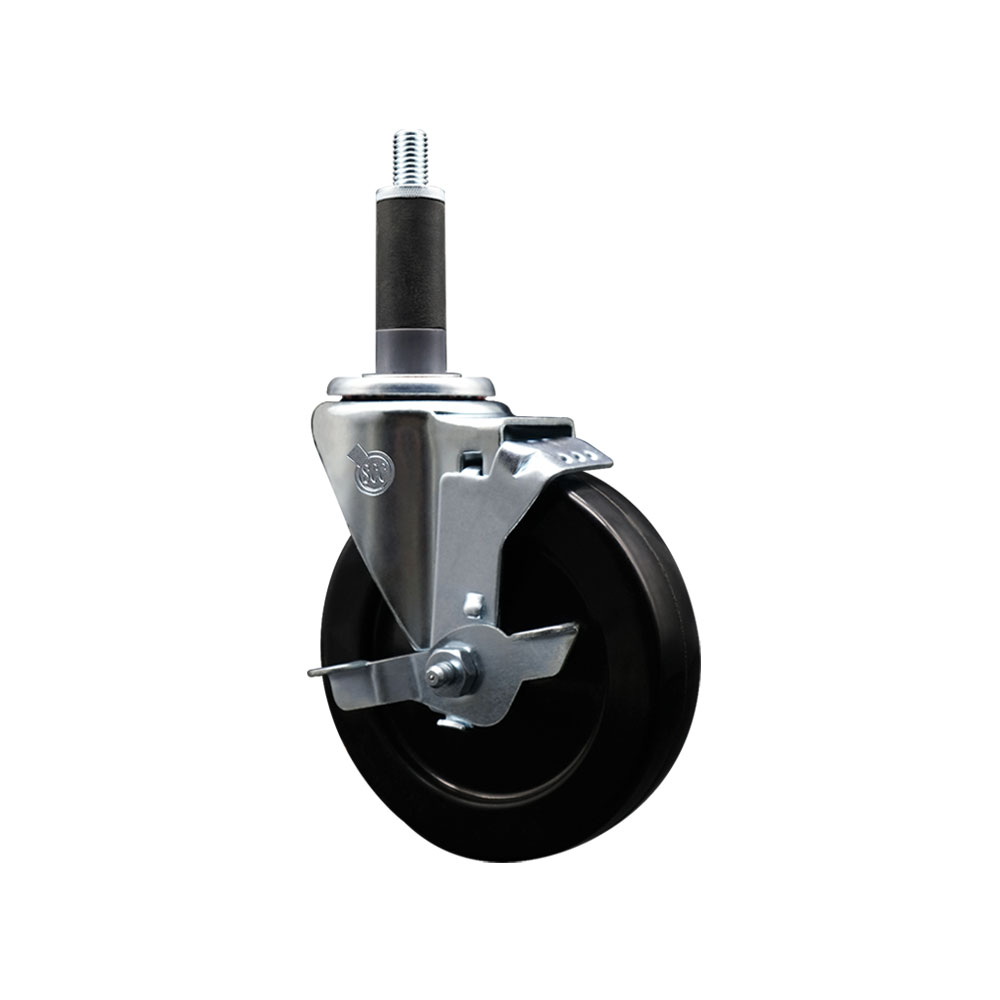Stainless Steel Soft Rubber Expanding Stem Swivel Caster with 5 Inch Black Wheel and 1" Stem & Top Locking Brake - 275 lbs. Capacity Per Caster - Service Caster Brand — photo 1
