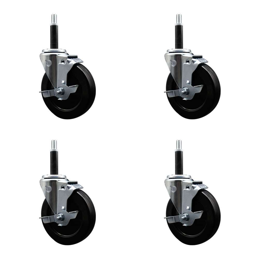 Hard Rubber Swivel Expanding Stem Caster Set of 4 w/5" x 1.25" Black Wheels and 3/4" Stems - Includes 4 with Top Lock Brakes - 1200 lbs Total Capacity - Service Caster Brand — photo 1