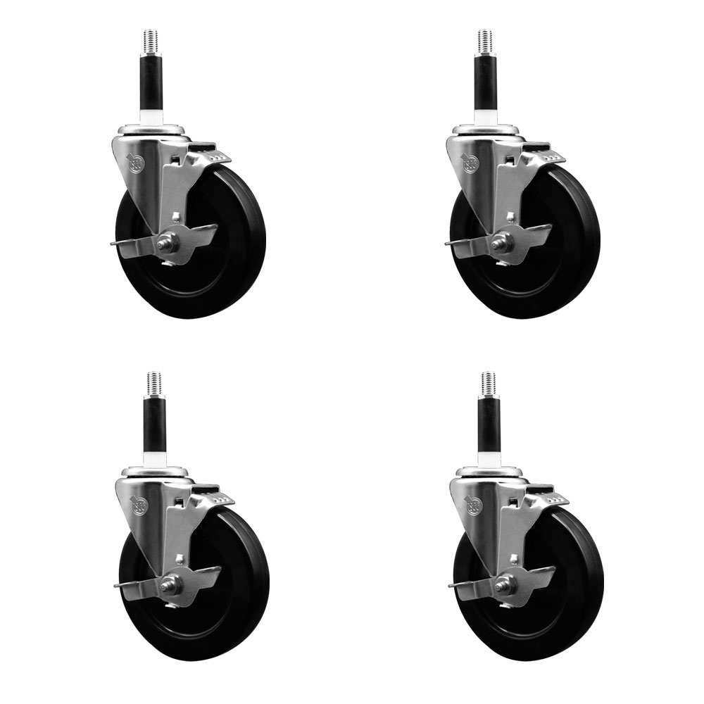 Stainless Steel Hard Rubber Swivel Expanding Stem Caster Set of 4 w/5" x 1.25" Black Wheels and 7/8" Stems - Includes 4 with Top Lock Brakes - 1200 lbs Total Capacity - Service Caster Brand — photo 1
