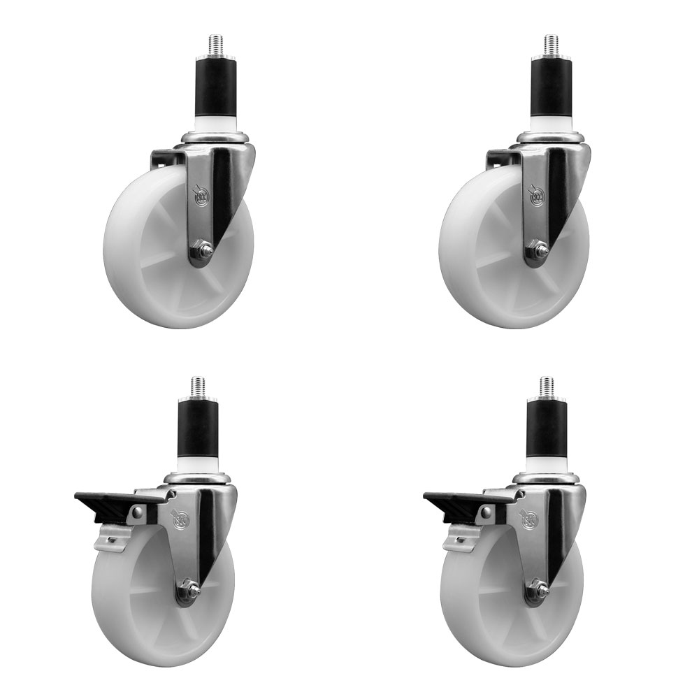 Nylon Swivel Expanding Stem Caster Set of 4 with 5 Inch White Wheels and 1-1/2" Stems - Includes 2 Swivel with Posi Locking Brakes and 2 Swivel - 1200 lbs. Total Capacity - Service Caster Brand — photo 1