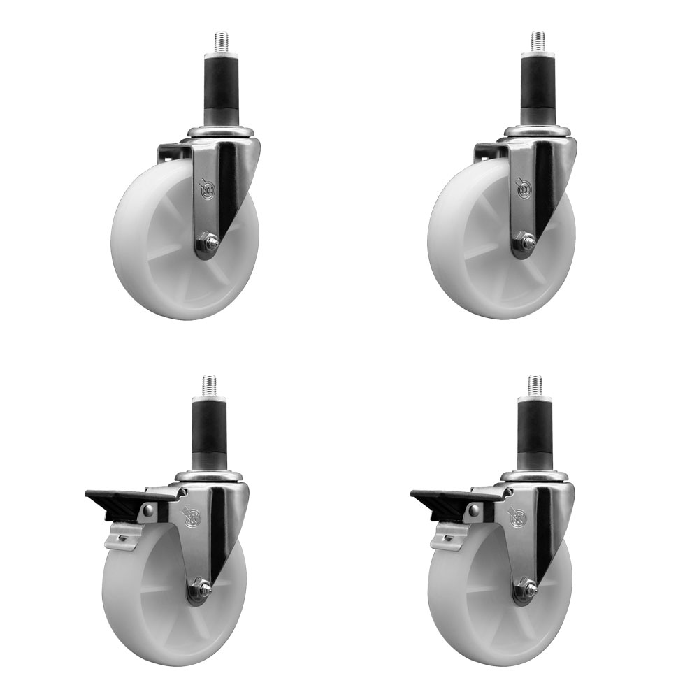 Nylon Swivel Expanding Stem Caster Set of 4 with 5 Inch White Wheels and 1-1/4" Stems  - Includes 2 Swivel with Posi Locking Brakes and 2 Swivel - 1200 lbs. Total Capacity - Service Caster Brand — photo 1