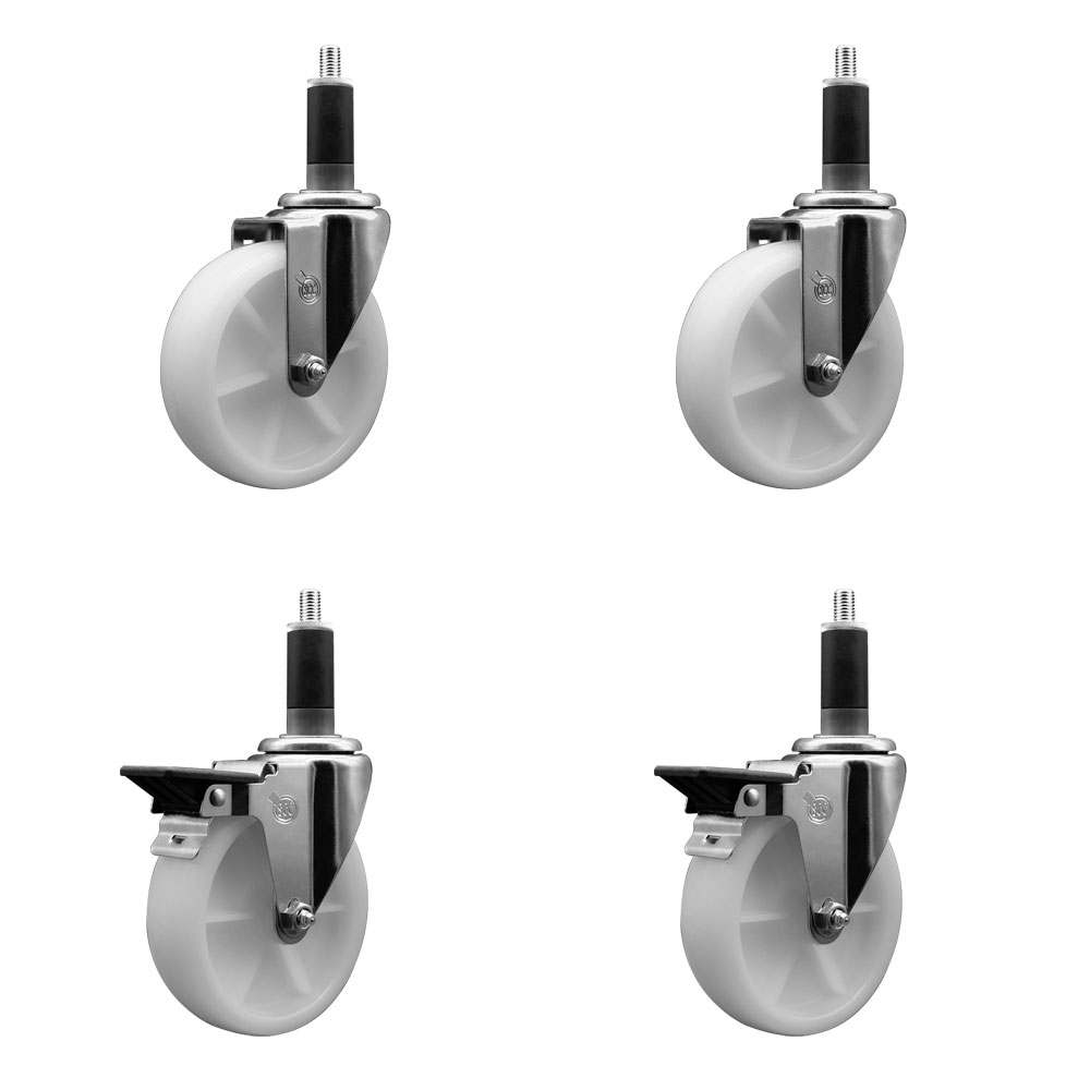 Nylon Swivel Expanding Stem Caster Set of 4 with 5 Inch White Wheels and 1-1/8" Stems  - Includes 2 Swivel with Posi Locking Brakes and 2 Swivel - 1200 lbs. Total Capacity - Service Caster Brand — photo 1