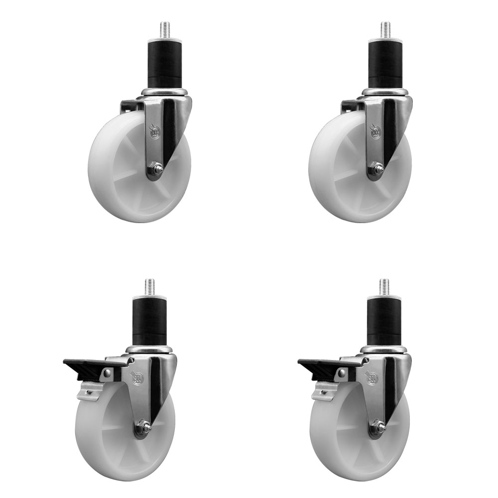 Nylon Swivel Expanding Stem Caster Set of 4 with 5 Inch White Wheels and 1-3/4" Stems  - Includes 2 Swivel with Posi Locking Brakes and 2 Swivel - 1200 lbs. Total Capacity - Service Caster Brand — photo 1