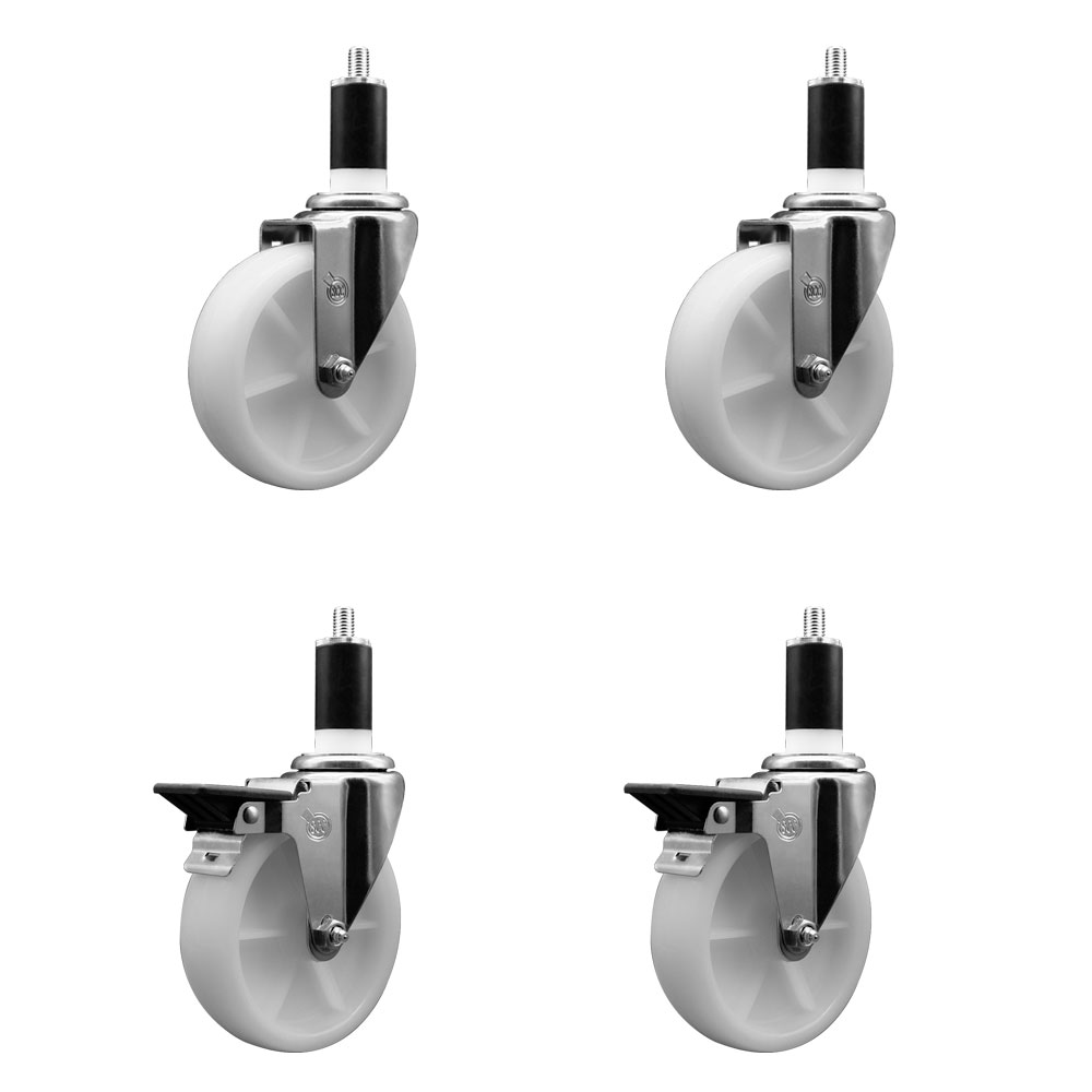 Nylon Swivel Expanding Stem Caster Set of 4 with 5 Inch White Wheels and 1-3/8" Stems  - Includes 2 Swivel with Posi Locking Brakes and 2 Swivel - 1200 lbs. Total Capacity - Service Caster Brand — photo 1