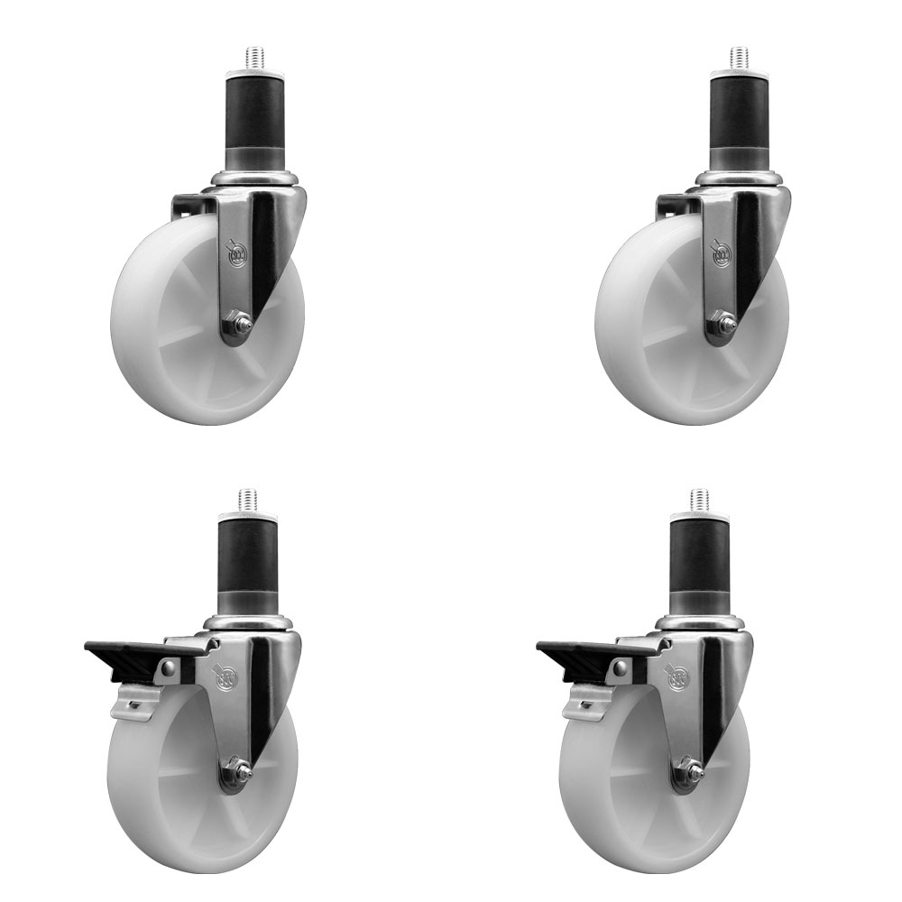 Nylon Swivel Expanding Stem Caster Set of 4 with 5 Inch White Wheels and 1-5/8" Stems  - Includes 2 Swivel with Posi Locking Brakes and 2 Swivel - 1200 lbs. Total Capacity - Service Caster Brand — photo 1