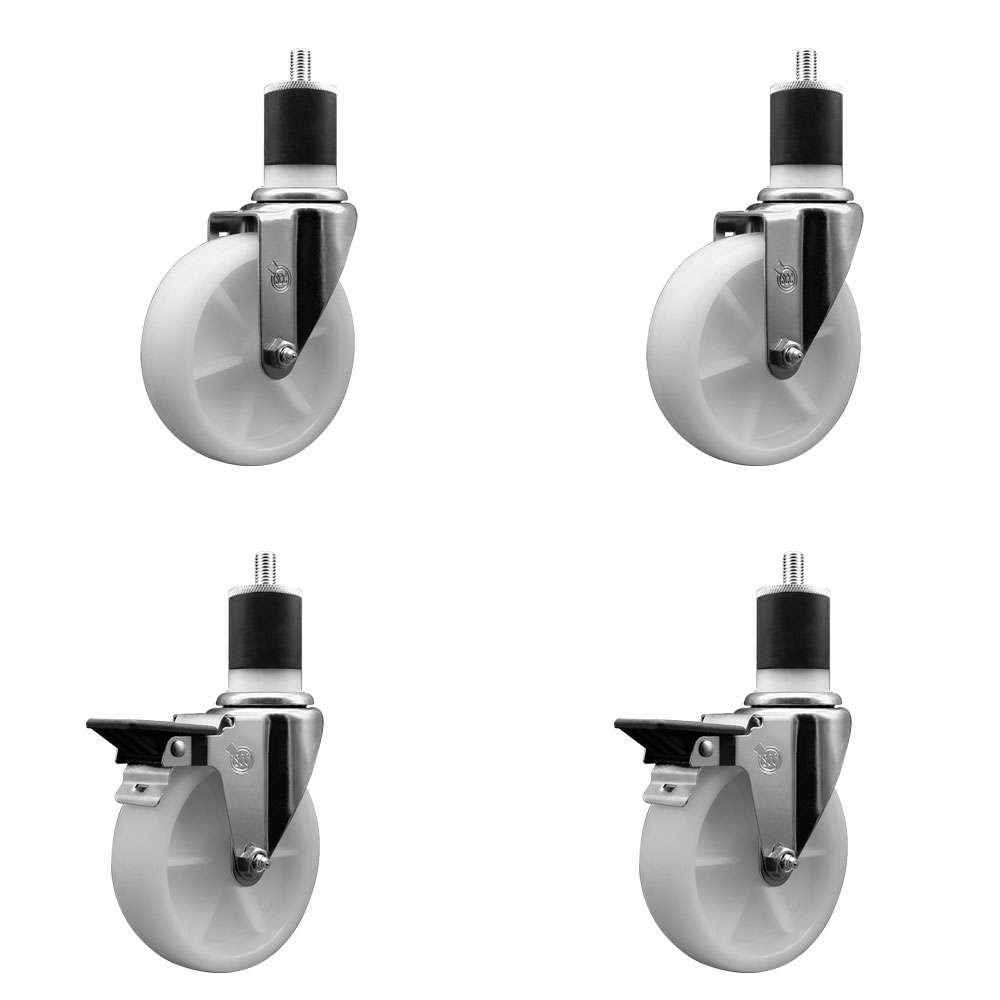 Nylon Swivel Expanding Stem Caster Set of 4 with 5 Inch White Wheels and 1-7/8" Stems - Includes 2 Swivel with Posi Locking Brakes and 2 Swivel - 1200 lbs. Total Capacity - Service Caster Brand — photo 1