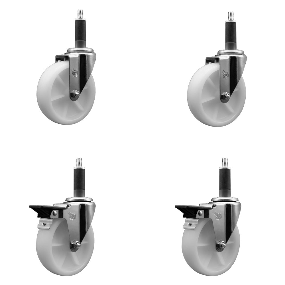 Nylon Swivel Expanding Stem Caster Set of 4 with 5 Inch White Wheels and 1" Stems  - Includes 2 Swivel with Posi Locking Brakes and 2 Swivel - 1200 lbs. Total Capacity - Service Caster Brand — photo 1