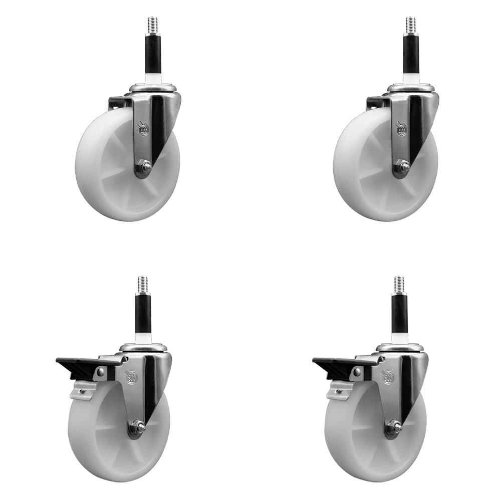 Nylon Swivel Expanding Stem Caster Set of 4 with 5 Inch White Wheels and 7/8" Stems  - Includes 2 Swivel with Posi Locking Brakes and 2 Swivel - 1200 lbs. Total Capacity - Service Caster Brand — photo 1
