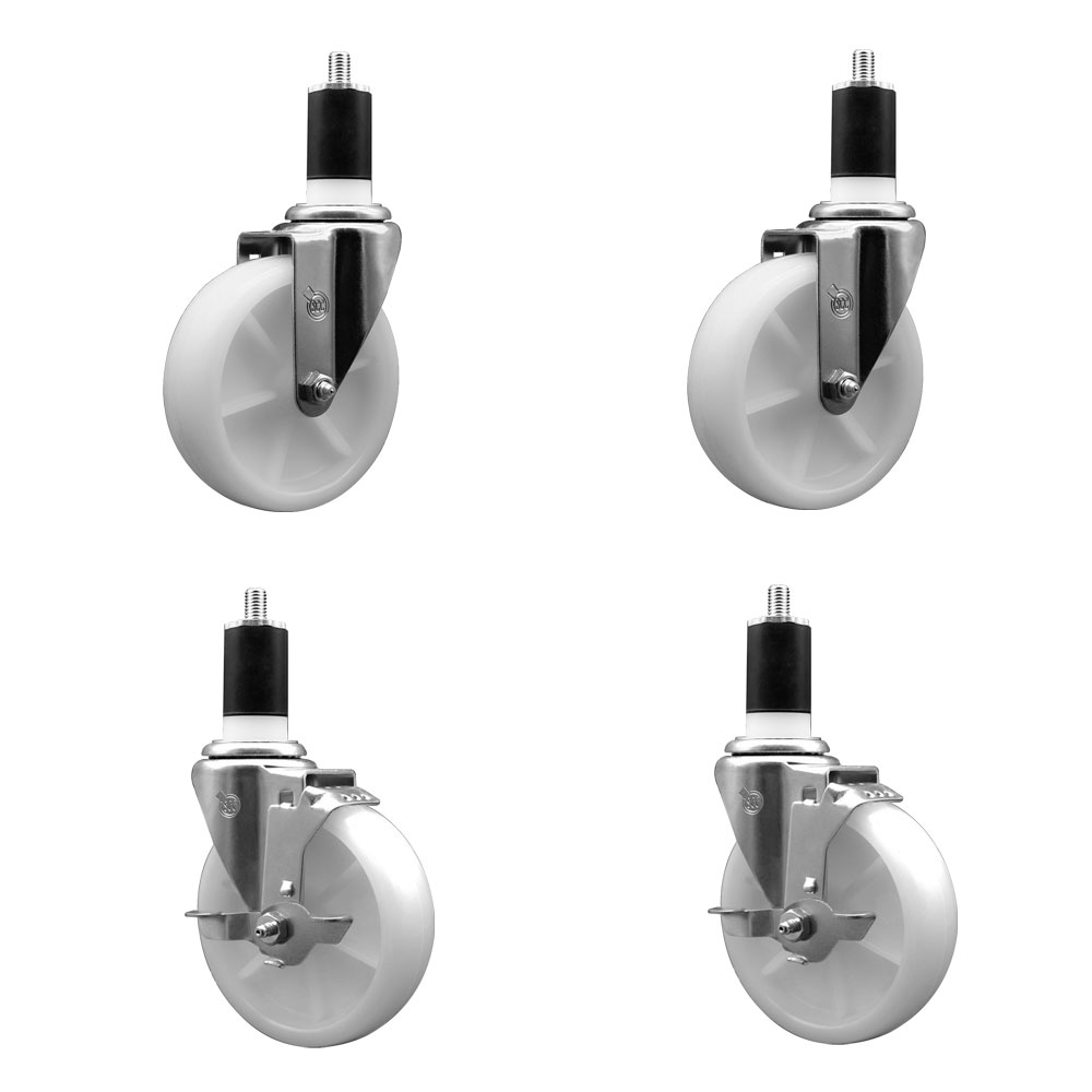 Stainless Steel Nylon Swivel Expanding Stem Caster Set of 4 with 5 Inch White Wheels and 1-1/2" Stems - Includes 2 Swivel with Top Locking Brakes - 1200 lbs. Total Capacity - Service Caster Brand — photo 1