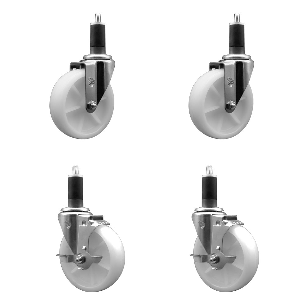 Stainless Steel Nylon Swivel Expanding Stem Caster Set of 4 with 5 Inch White Wheels and 1-1/4" Stems - Includes 2 Swivel with Top Locking Brakes - 1200 lbs. Total Capacity - Service Caster Brand — photo 1