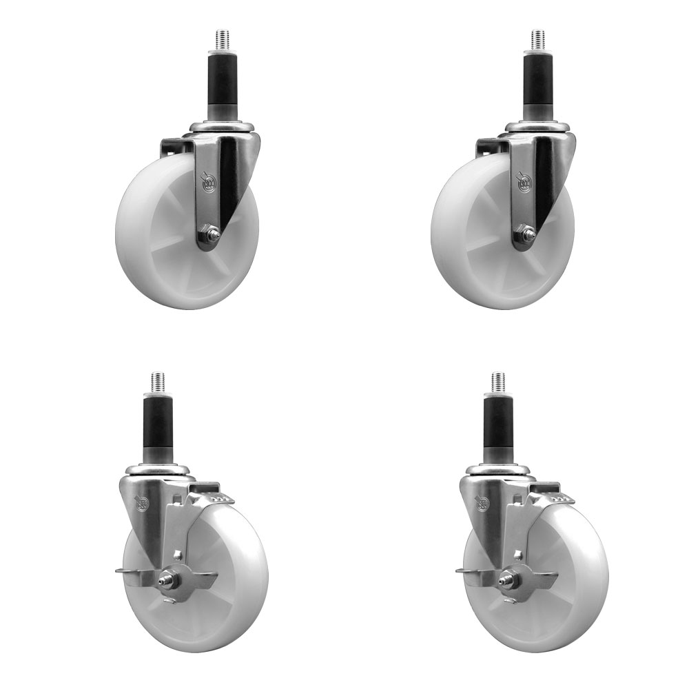 Stainless Steel Nylon Swivel Expanding Stem Caster Set of 4 with 5 Inch White Wheels and 1-1/8" Stems - Includes 2 Swivel with Top Locking Brakes - 1200 lbs. Total Capacity - Service Caster Brand — photo 1