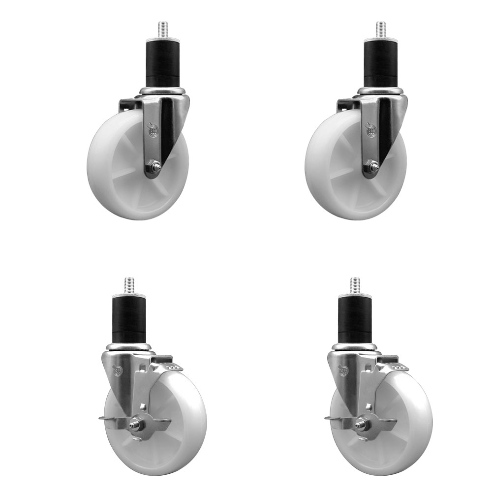 Nylon Swivel Expanding Stem Caster Set of 4 with 5 Inch White Wheels and 1-3/4" Stems  - Includes 2 Swivel with Top Locking Brakes and 2 Swivel - 1200 lbs. Total Capacity - Service Caster Brand — photo 1