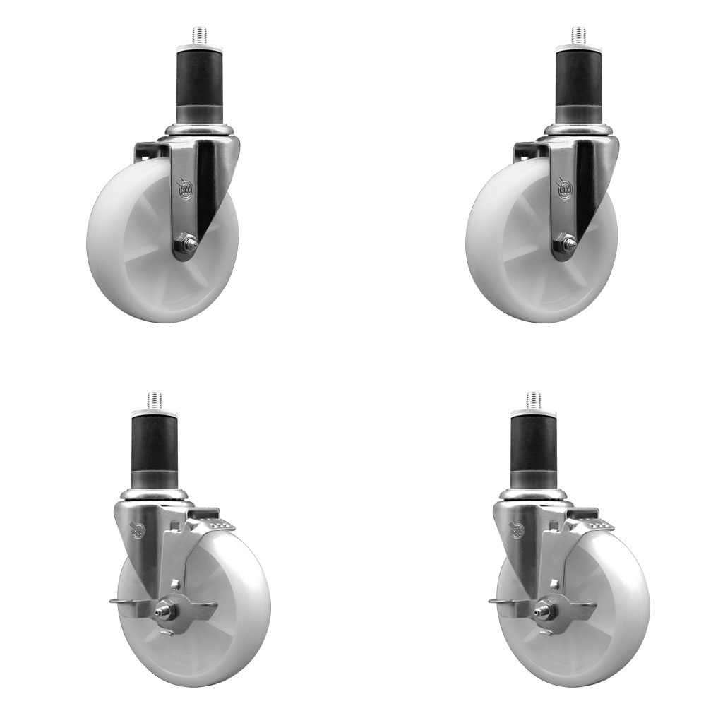 Stainless Steel Nylon Swivel Expanding Stem Caster Set of 4 with 5 Inch White Wheels and 1-5/8" Stems - Includes 2 Swivel with Top Locking Brakes - 1200 lbs. Total Capacity - Service Caster Brand — photo 1