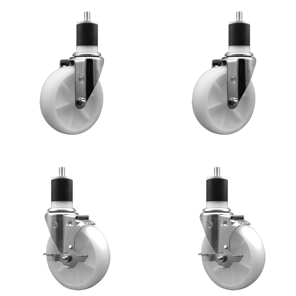 Stainless Steel Nylon Swivel Expanding Stem Caster Set of 4 with 5 Inch White Wheels and 1-7/8" Stems - Includes 2 Swivel with Top Locking Brakes - 1200 lbs. Total Capacity - Service Caster Brand — photo 1