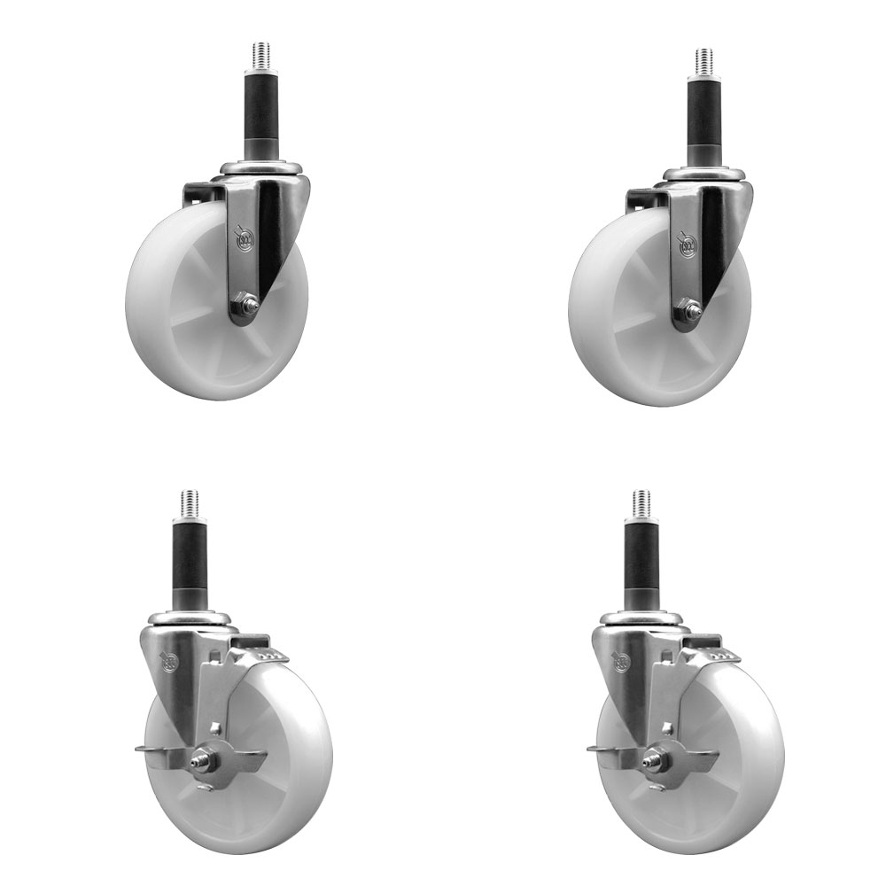 Stainless Steel Nylon Swivel Expanding Stem Caster Set of 4 with 5 Inch White Wheels and 1" Stems - Includes 2 Swivel with Top Locking Brakes - 1200 lbs. Total Capacity - Service Caster Brand — photo 1
