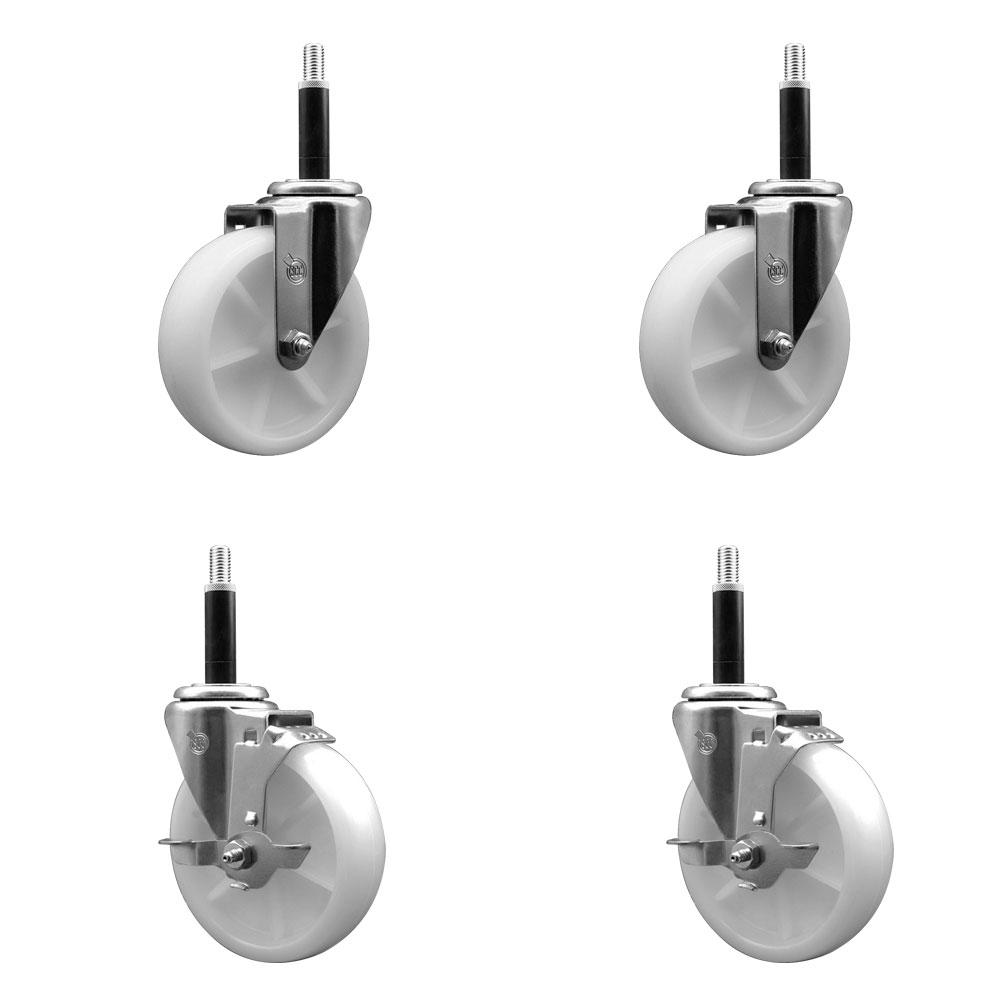 Stainless Steel Nylon Swivel Expanding Stem Caster Set of 4 with 5 Inch White Wheels and 3/4" Stems - Includes 2 Swivel with Top Locking Brakes - 1200 lbs. Total Capacity - Service Caster Brand — photo 1