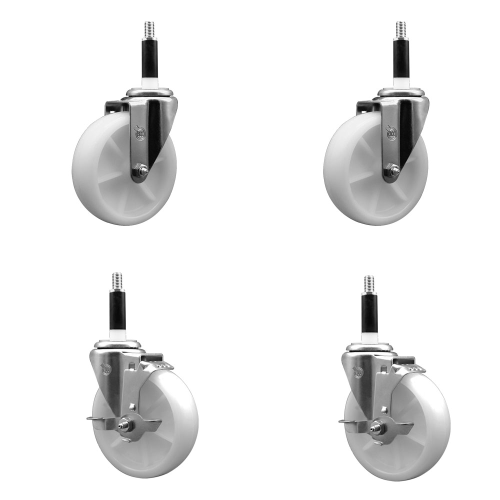 Nylon Swivel Expanding Stem Caster Set of 4 with 5 Inch White Wheels and 7/8" Stems  - Includes 2 Swivel with Top Locking Brakes and 2 Swivel - 1200 lbs. Total Capacity - Service Caster Brand — photo 1