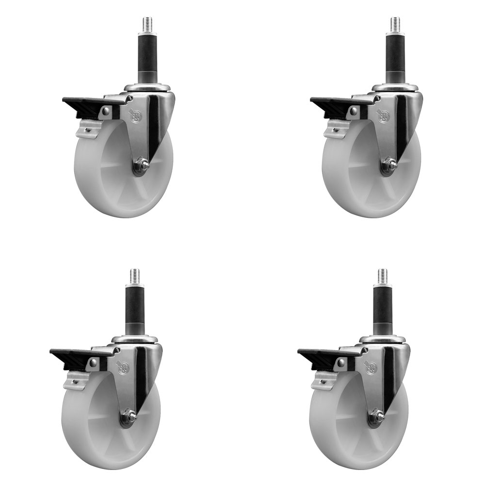 Nylon Swivel Expanding Stem Caster Set of 4 with 5 Inch White Wheels and 1" Stems - Includes 4 Swivel with Posi Lock Brakes - 1200 lbs. Total Capacity - Service Caster Brand — photo 1