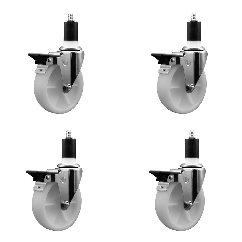 Nylon Swivel Expanding Stem Caster Set of 4 with 5 Inch White Wheels and 1-1/2" Stems - Includes 4 Swivel with Posi Lock Brakes - 1200 lbs. Total Capacity - Service Caster Brand — photo 1