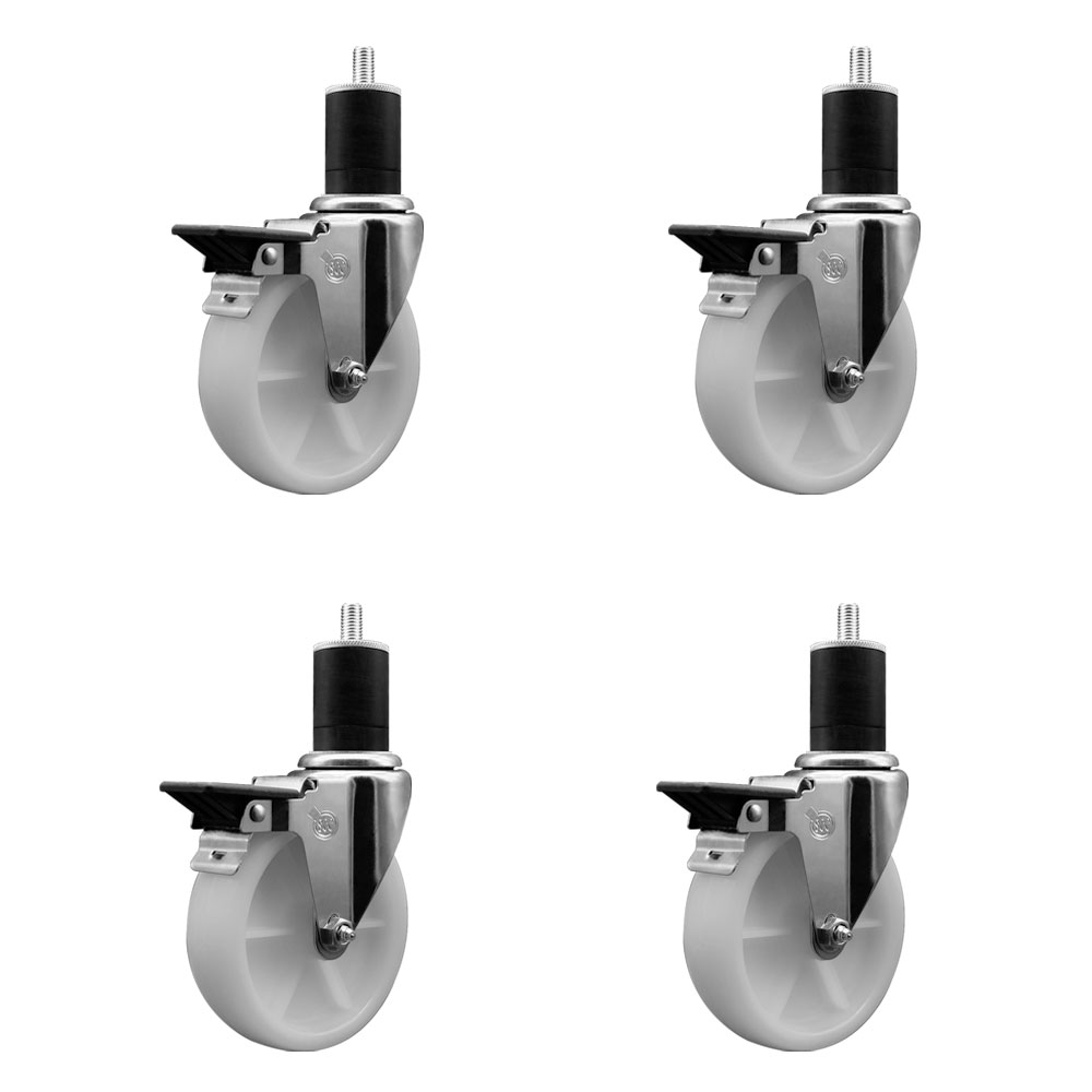 Nylon Swivel Expanding Stem Caster Set of 4 with 5 Inch White Wheels and 1-3/4" Stems - Includes 4 Swivel with Posi Lock Brakes - 1200 lbs. Total Capacity - Service Caster Brand — photo 1
